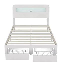 Lit double 140x200 cm, tiroirs, tête de lit LED, USB, cadre métal, Velours, Beige