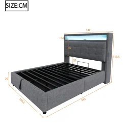 Lit double 140x200 cm tissu gris avec LED, USB, tête de lit étagères et rangement hydraulique, Sommier inclus, design moderne