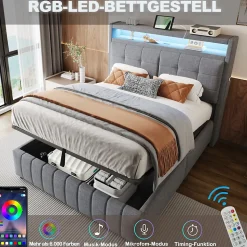 Lit double 140x200 cm tissu gris avec LED, USB, tête de lit étagères et rangement hydraulique, Sommier inclus, design moderne