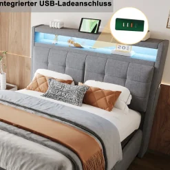 Lit double 140x200 cm tissu gris avec LED, USB, tête de lit étagères et rangement hydraulique, Sommier inclus, design moderne