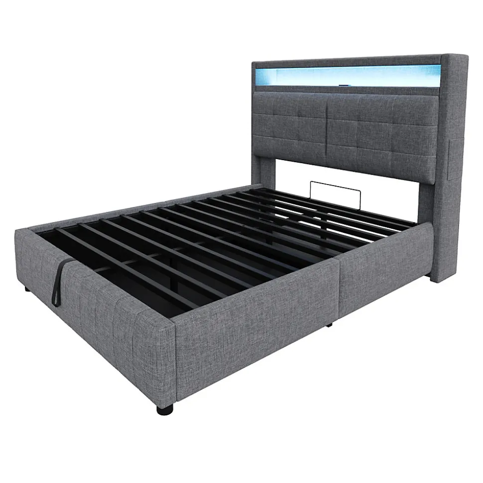 Lit double 140x200 cm tissu gris avec LED, USB, tête de lit étagères et rangement hydraulique, Sommier inclus, design moderne