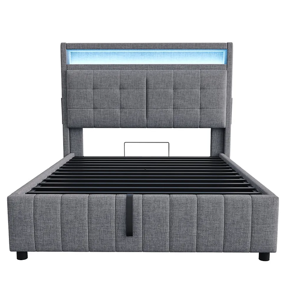 Lit double 140x200 cm tissu gris avec LED, USB, tête de lit étagères et rangement hydraulique, Sommier inclus, design moderne