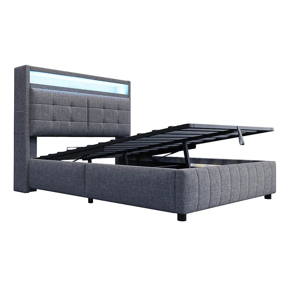 Lit double 140x200 cm tissu gris avec LED, USB, tête de lit étagères et rangement hydraulique, Sommier inclus, design moderne