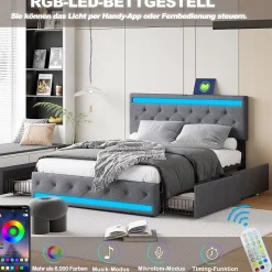 Lit double 180x200 cm, tête de lit LED réglable, chargement USB/Type-C, 4 tiroirs, sommier à lattes, structure métal gris.