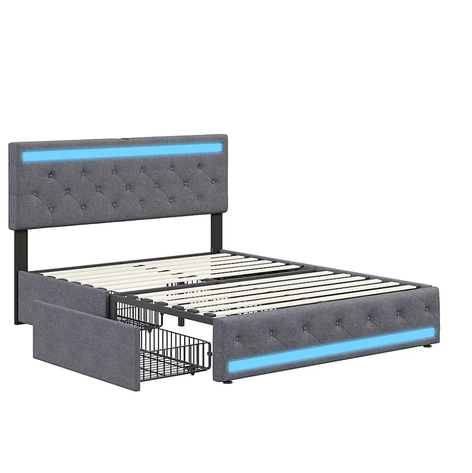 Lit double 180x200 cm, tête de lit LED réglable, chargement USB/Type-C, 4 tiroirs, sommier à lattes, structure métal gris.