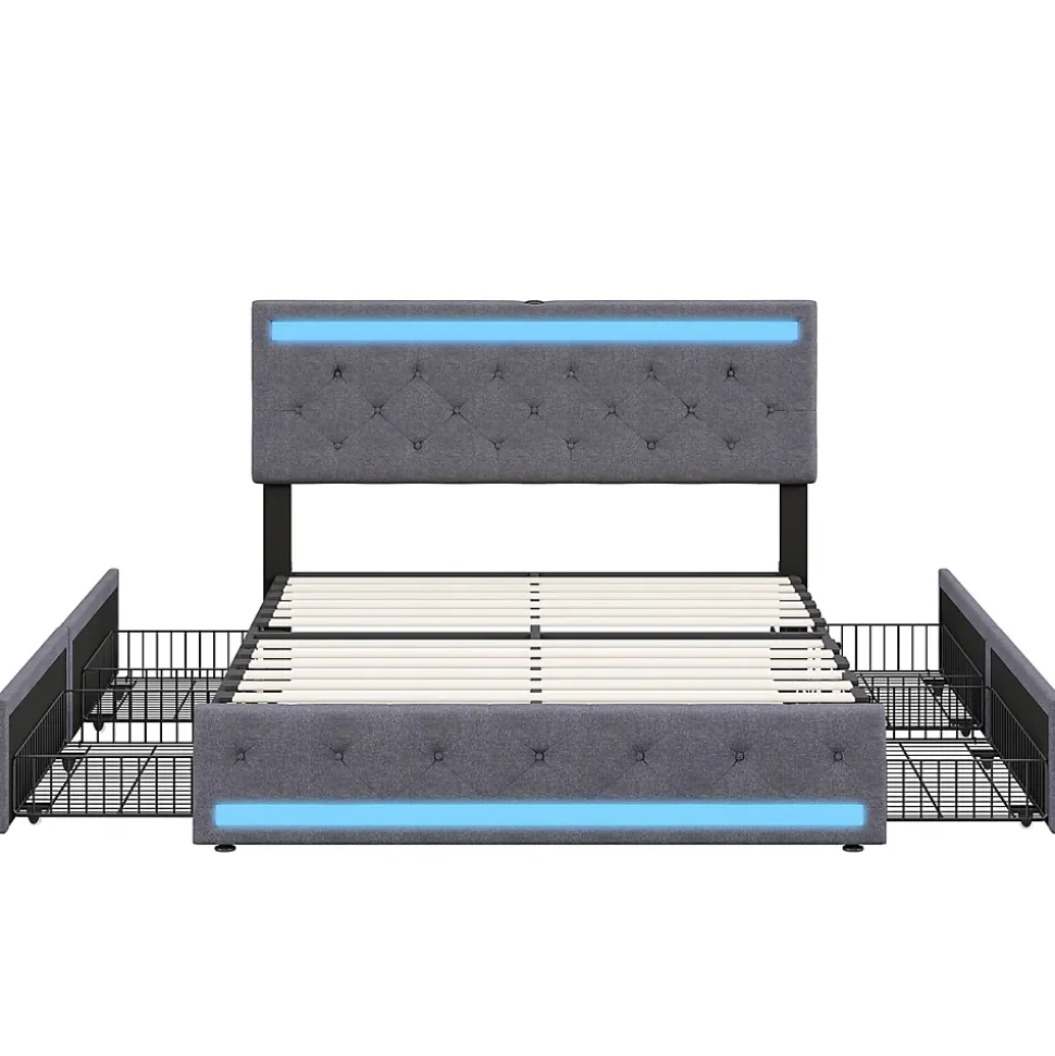 Lit double 180x200 cm, tête de lit LED réglable, chargement USB/Type-C, 4 tiroirs, sommier à lattes, structure métal gris.