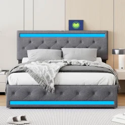 Lit double 180x200 cm, tête de lit LED réglable, chargement USB/Type-C, 4 tiroirs, sommier à lattes, structure métal gris.