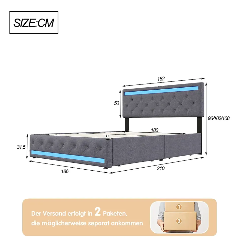 Lit double 180x200 cm, tête de lit LED réglable, chargement USB/Type-C, 4 tiroirs, sommier à lattes, structure métal gris.