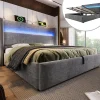 Lit double 180x200 cm, tête haute, LED/USB, hydraulique, lin - gris