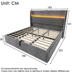 Lit double 180x200 cm, tête haute, LED/USB, hydraulique, lin - gris