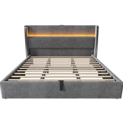 Lit double 180x200 cm, tête haute, LED/USB, hydraulique, lin - gris