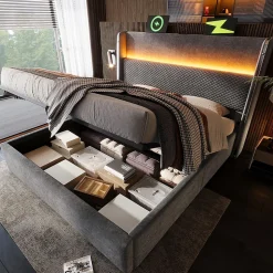 Lit double 180x200 cm, tête haute, LED/USB, hydraulique, lin - gris