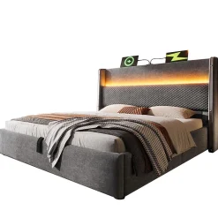 Lit double 160x200 cm, tête haute, LED/USB, hydraulique, lin - gris