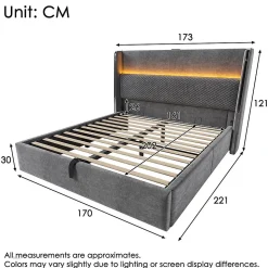 Lit double 160x200 cm, tête haute, LED/USB, hydraulique, lin - gris