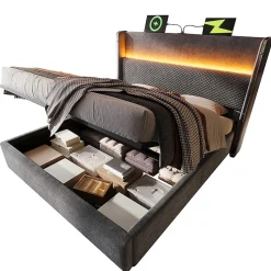 Lit double 160x200 cm, tête haute, LED/USB, hydraulique, lin - gris