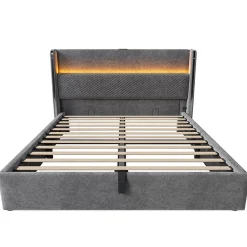 Lit double 160x200 cm, tête haute, LED/USB, hydraulique, lin - gris