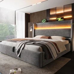 Lit double 160x200 cm, tête haute, LED/USB, hydraulique, lin - gris