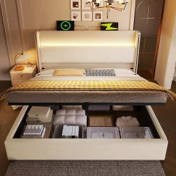 Lit double 140x200 cm, tête haute, LED/USB, hydraulique, lin - beige