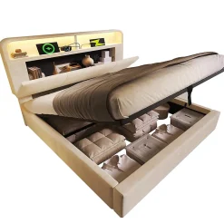 Lit double 140x200 cm, tête réglable, LED/USB, hydraulique, velours - beige