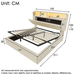 Lit double 140x200 cm, tête réglable, LED/USB, hydraulique, velours - beige