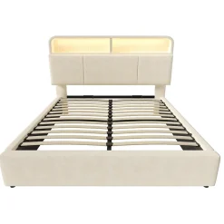 Lit double 140x200 cm, tête réglable, LED/USB, hydraulique, velours - beige