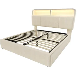 Lit double 140x200 cm, tête réglable, LED/USB, hydraulique, velours - beige