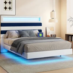 Lit double 140x190 cm velours blanc et bleu, tête rayée réglable, LED tête/pied, ports USB et chargeur EU