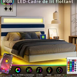 Lit double 140x190 cm velours blanc et bleu, tête rayée réglable, LED tête/pied, ports USB et chargeur EU