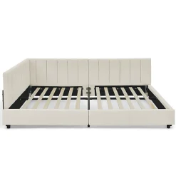 Lit double 140x200 cm, velours, dossier haut - beige