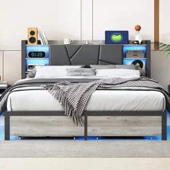 Lit Double 160x200 Métal, Cadre de lit avec éclairage LED et Charge USB, Lit Double rembourré avec 2 tiroirs, Noir