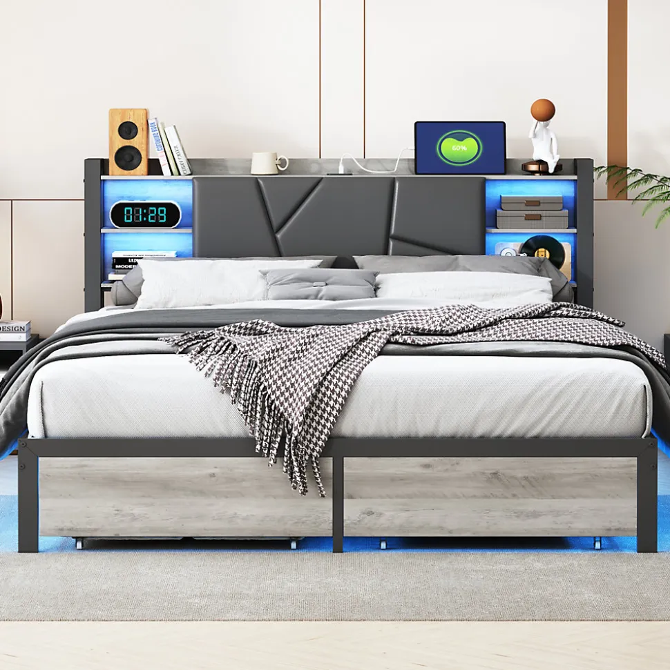 Lit Double 160x200 Métal, Cadre de lit avec éclairage LED et Charge USB, Lit Double rembourré avec 2 tiroirs, Noir