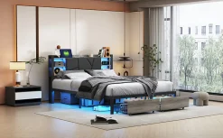 Lit Double 160x200 Métal, Cadre de lit avec éclairage LED et Charge USB, Lit Double rembourré avec 2 tiroirs, Noir