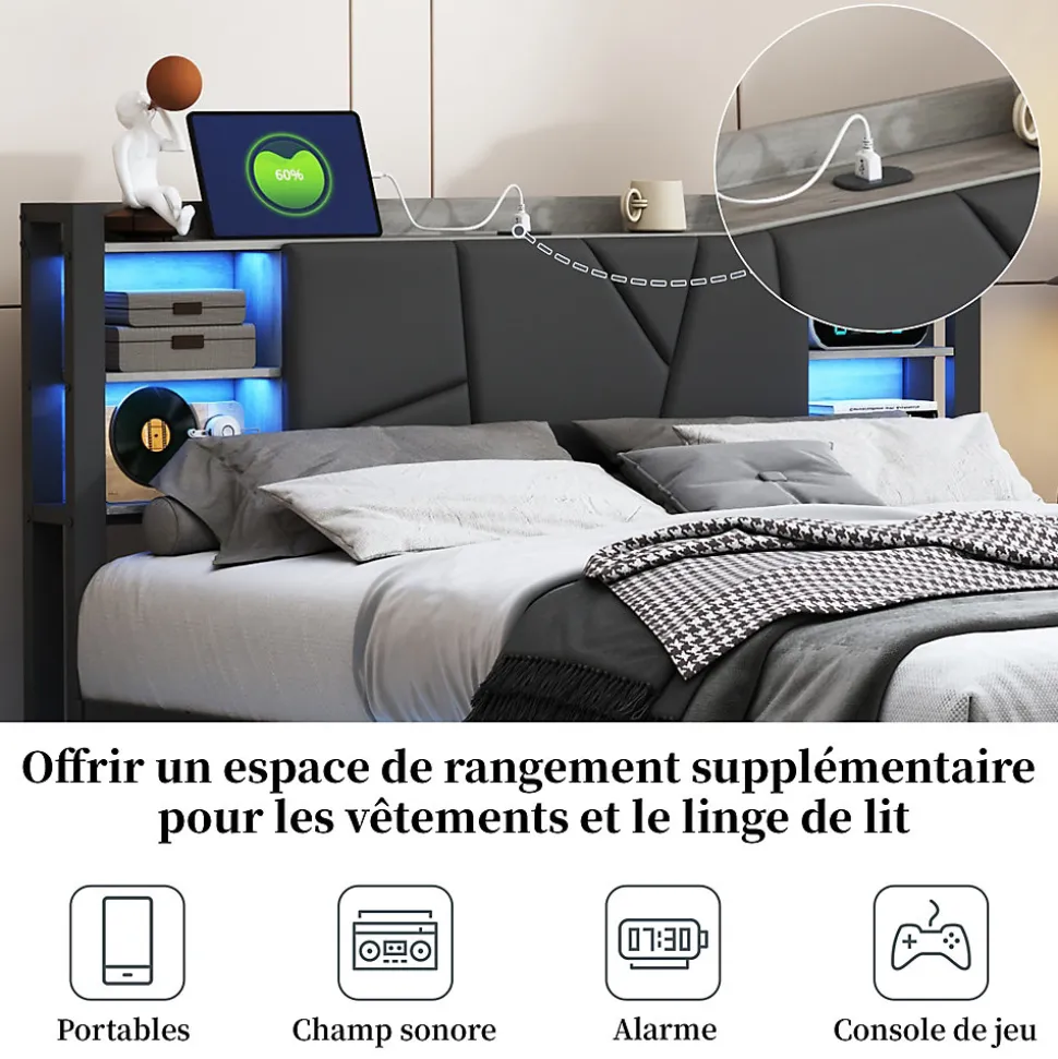 Lit Double 160x200 Métal, Cadre de lit avec éclairage LED et Charge USB, Lit Double rembourré avec 2 tiroirs, Noir