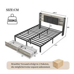 Lit Double 160x200 Métal, Cadre de lit avec éclairage LED et Charge USB, Lit Double rembourré avec 2 tiroirs, Noir