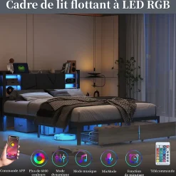 Lit Double 160x200 Métal, Cadre de lit avec éclairage LED et Charge USB, Lit Double rembourré avec 2 tiroirs, Noir