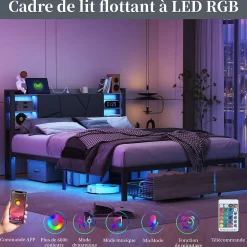 Lit Double 160x200 Métal, Cadre de lit avec éclairage LED et Charge USB, Lit Double rembourré avec 2 tiroirs, Noir