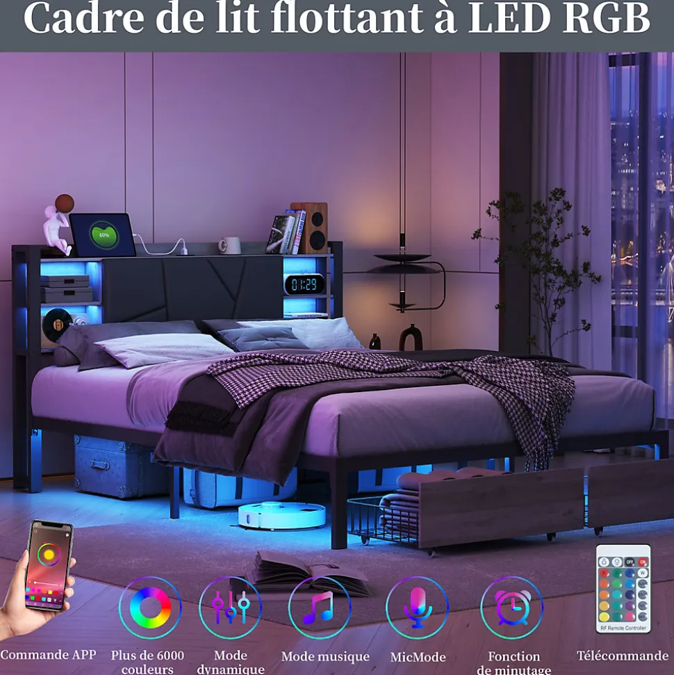 Lit Double 160x200 Métal, Cadre de lit avec éclairage LED et Charge USB, Lit Double rembourré avec 2 tiroirs, Noir
