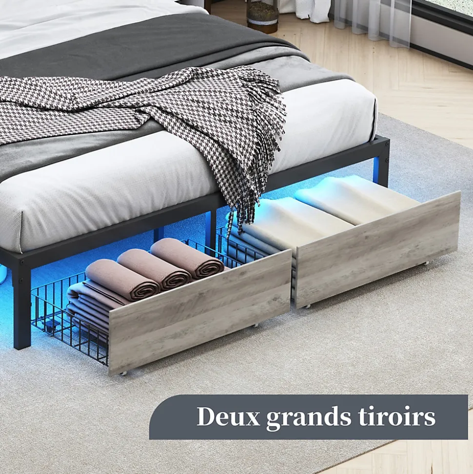 Lit Double 160x200 Métal, Cadre de lit avec éclairage LED et Charge USB, Lit Double rembourré avec 2 tiroirs, Noir