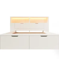 Lit double 140x200cm - avec lumière LED et port USB - avec banc coffre - grand espace de rangement - Blanc (sans matelas)