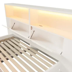 Lit double 140x200cm - avec lumière LED et port USB - avec banc coffre - grand espace de rangement - Blanc (sans matelas)