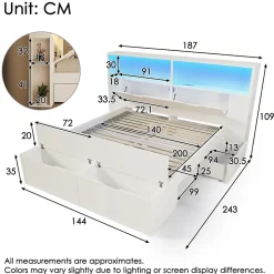 Lit double 140x200cm - avec lumière LED et port USB - avec banc coffre - grand espace de rangement - Blanc (sans matelas)