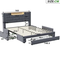Lit double 160x200cm - cadre de lit en velours avec 3 tiroirs, sommier à lattes et tête de lit LED avec port USB/C - Gris