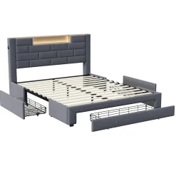 Lit double 160x200cm - cadre de lit en velours avec 3 tiroirs, sommier à lattes et tête de lit LED avec port USB/C - Gris