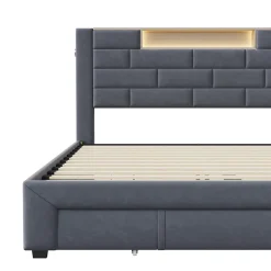 Lit double 160x200cm - cadre de lit en velours avec 3 tiroirs, sommier à lattes et tête de lit LED avec port USB/C - Gris