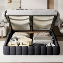 Lit double 180x200cm avec rangements, lit de souche avec éclairage LED, lit capitonné lit adulte lit ado, lin gris