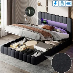 Lit double 180x200cm avec rangements, lit de souche avec éclairage LED, lit capitonné lit adulte lit ado, lin gris