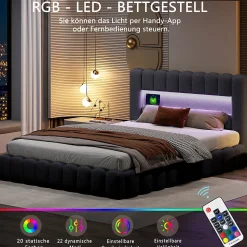Lit double 180x200cm avec rangements, lit de souche avec éclairage LED, lit capitonné lit adulte lit ado, lin gris