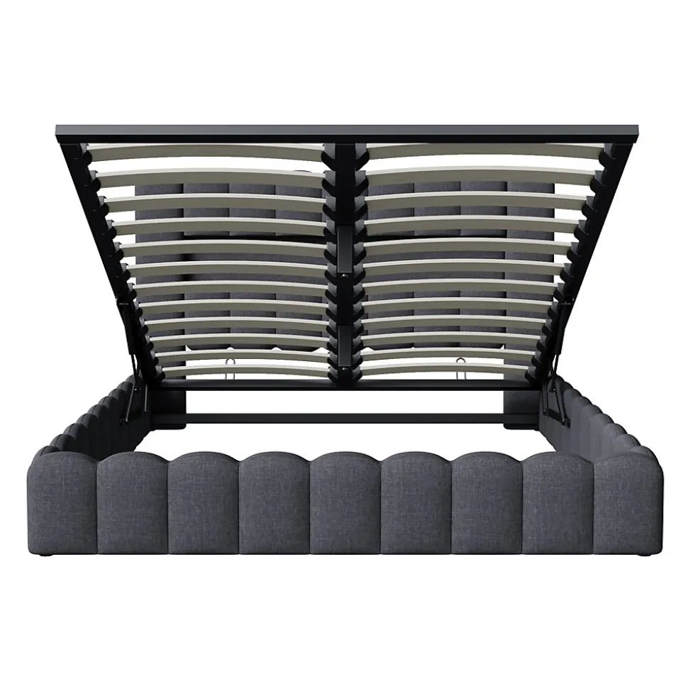 Lit double 180x200cm avec rangements, lit de souche avec éclairage LED, lit capitonné lit adulte lit ado, lin gris