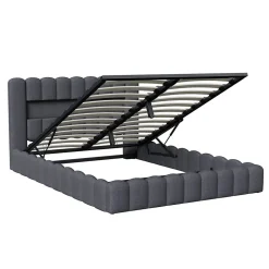 Lit double 180x200cm avec rangements, lit de souche avec éclairage LED, lit capitonné lit adulte lit ado, lin gris