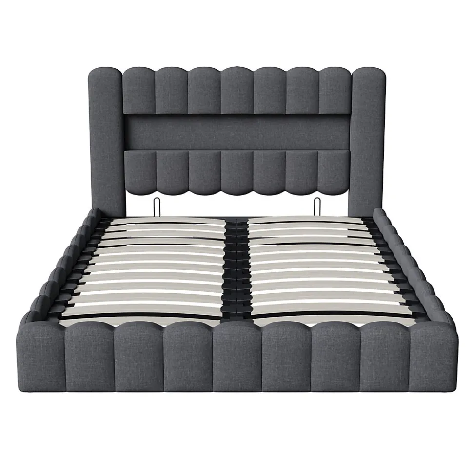 Lit double 180x200cm avec rangements, lit de souche avec éclairage LED, lit capitonné lit adulte lit ado, lin gris